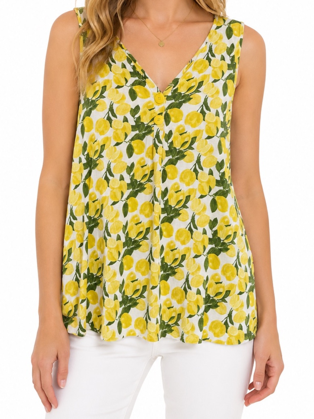 Cynthia Rowley Lemon Print Tank Top 2X Yellow Fruit Sleeveless V Neck